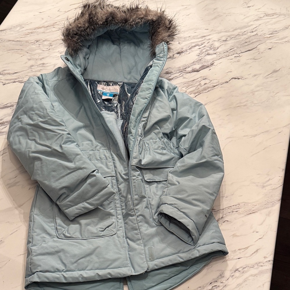 Kids Blue Winter Jacket with Faux Fur Hood